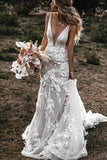Mermaid Deep V Neck Wedding Dress Ivory Tulle Bridal Gown,WW061