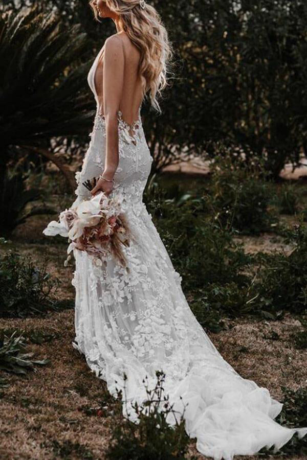 A Line V-neck Lace Beach Wedding Dress,Side Split Bridal Gown