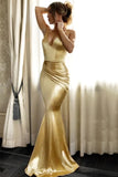 Mermaid Gold Satin Backless Long Prom Dresses,Mermaid Evening Dresses,WP045