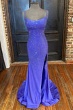 Mermaid Purple Satin Sequins Long Prom Dress With Side Slit,WP178
