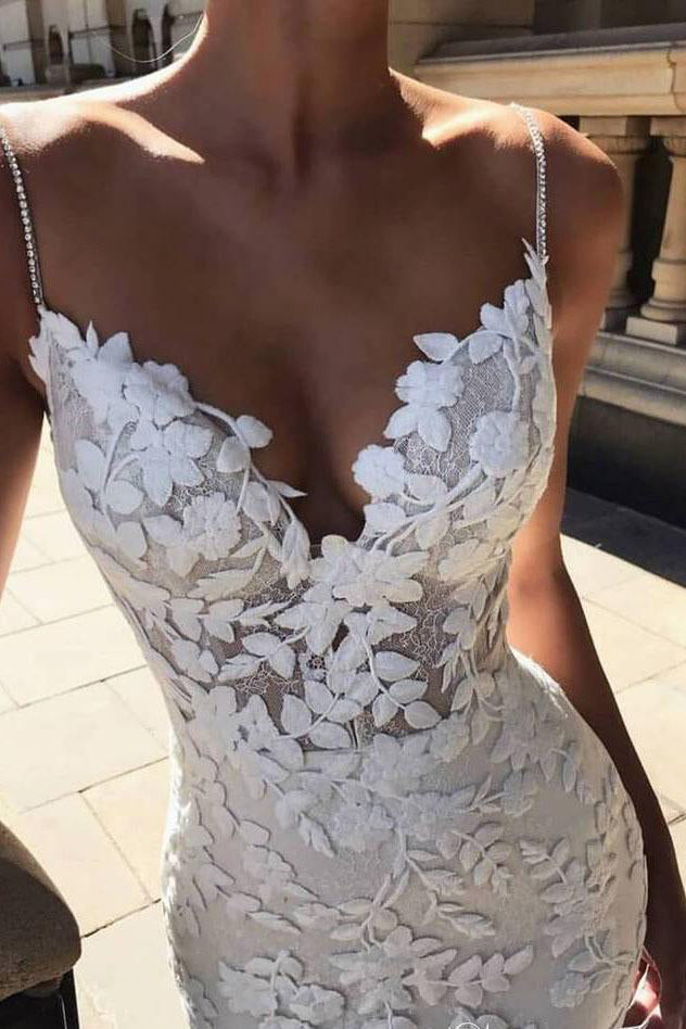 Mermaid Spaghetti Straps Lace Appliqued Wedding Dress,WW013