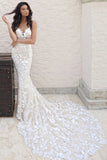 Mermaid Spaghetti Straps Lace Appliqued Wedding Dress,WW013