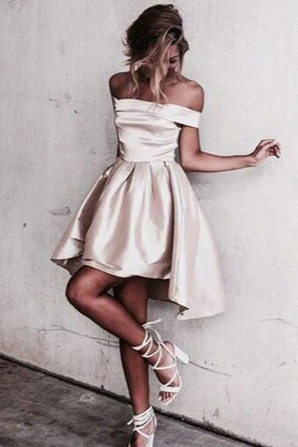 High Low Satin Short Prom Dress Off The Shoulder Homecoming Dress,WD021