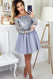 Off The Shoulder Lavender Tulle Homecoming Dress Long Sleeve Short Prom Dress,WD100