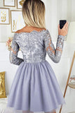 Off The Shoulder Lavender Tulle Homecoming Dress Long Sleeve Short Prom Dress,WD100