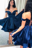 Off The Shoulder Navy Blue  Satin  Ruffles Homecoming Dress,WD005