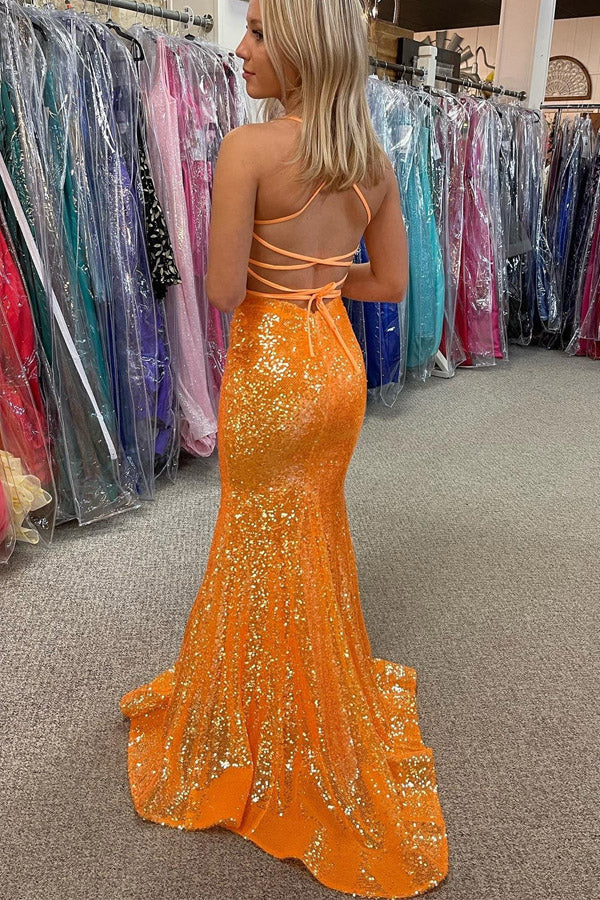 Orange Sequin Mermaid Prom dress Long Evening Dress,WQ105
