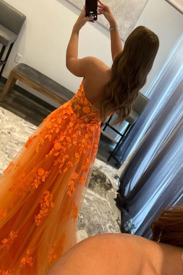 Orange Tulle A Line Sweetheart Prom Dress With Lace Appliques,WQ114winkbridal