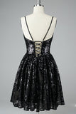 A Line V Neck Black Lace Short Homecoming Dress Homecoming Dress,WD086