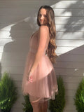 Pink Tulle A-line Halter Short Homecoming Dress,Backless Graduation Dress,WD265 winkbridal