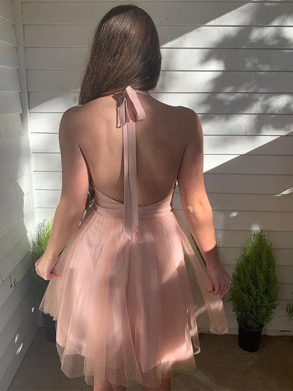 Pink Tulle A-line Halter Short Homecoming Dress,Backless Graduation Dress,WD265 winkbridal