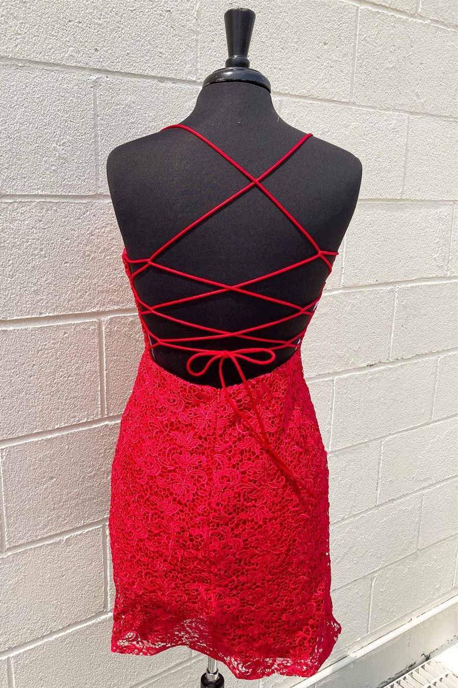 Red Lace Tight Homecoming Dress Tie Back Short Prom Dress,WD111 winkbridal
