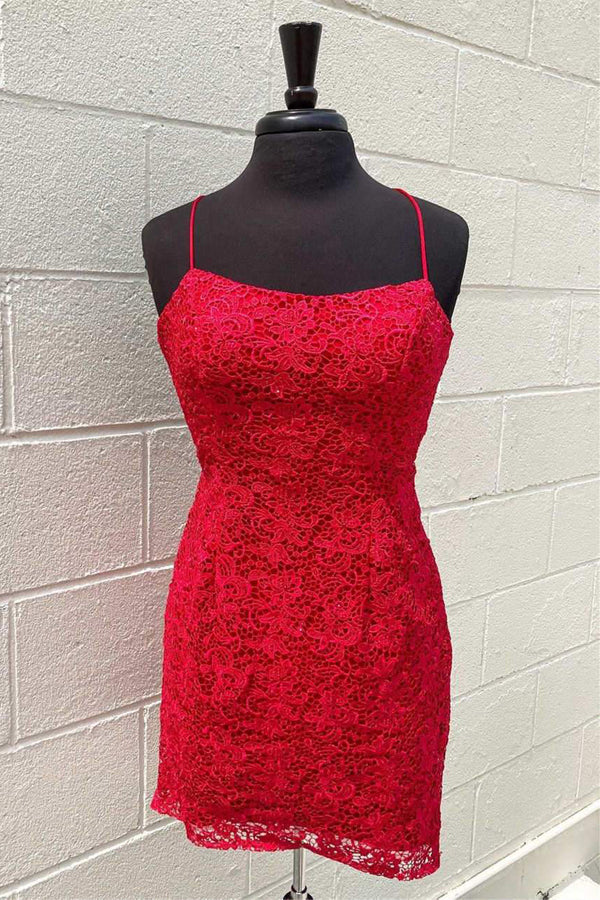 Red Lace Tight Homecoming Dress Tie Back Short Prom Dress,WD111