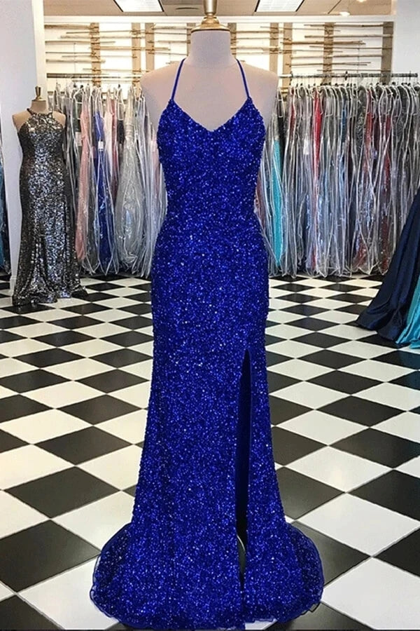 Royal Blue Sequins V Neck Straps Prom Dress,WP014
