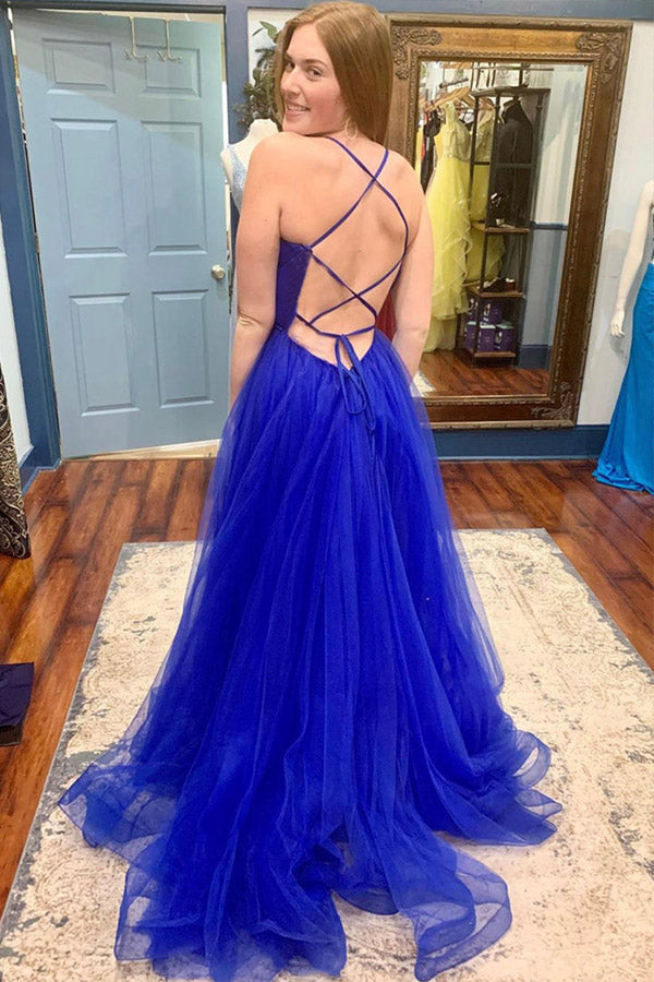 Royal Blue Tulle A-Line Long Prom Dress With Slit,WP417