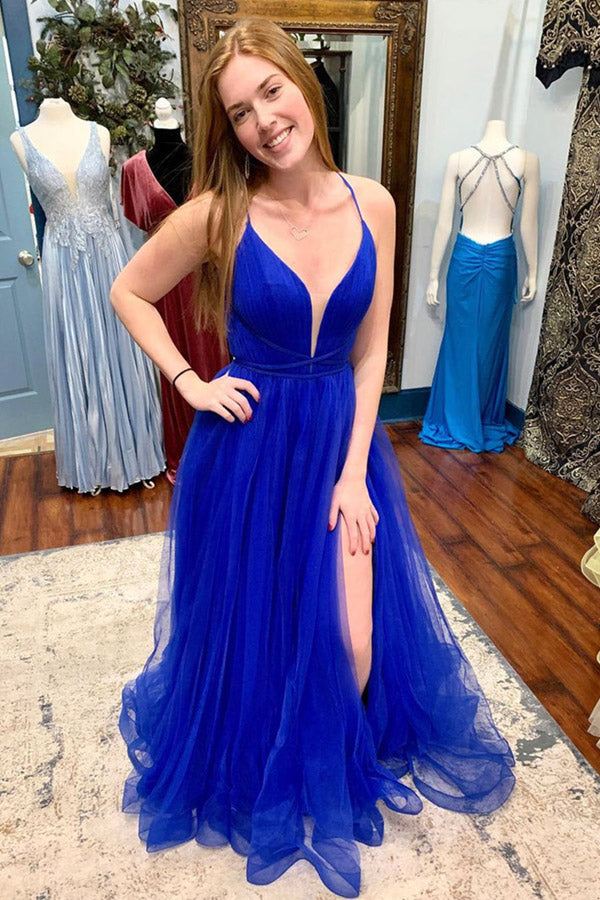 Royal Blue Tulle A-Line Long Prom Dress With Slit,WP417