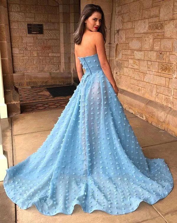 Strapless Sky Blue Lace Long Prom Dress Split Evening Dress,WP272