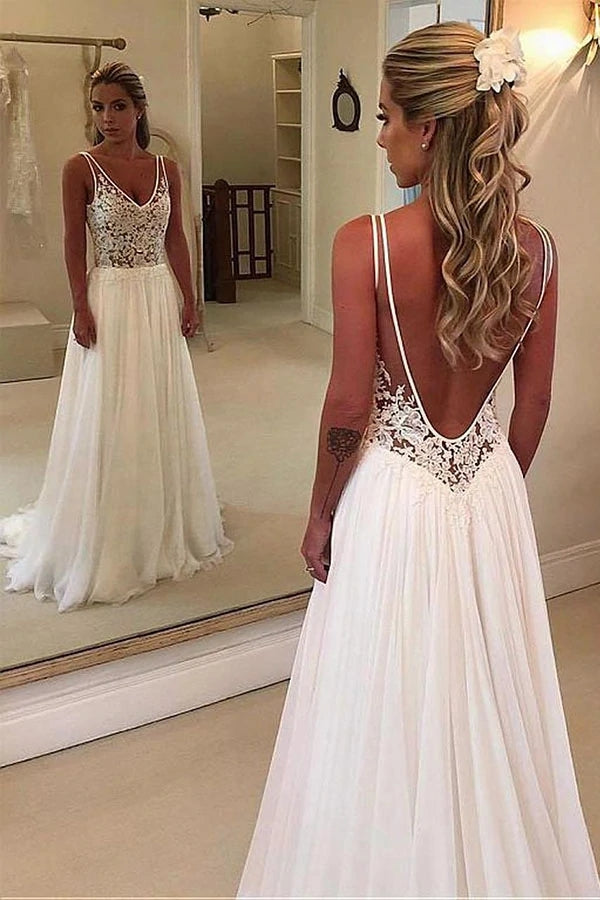 A Line White Lace Wedding Dress Open Back Bridal Gown,WW215