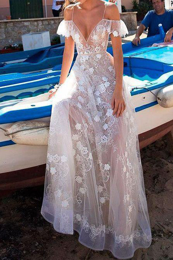 See Through Beach Wedding Dress Spaghetti Straps Lace Bridal Dress,WW125