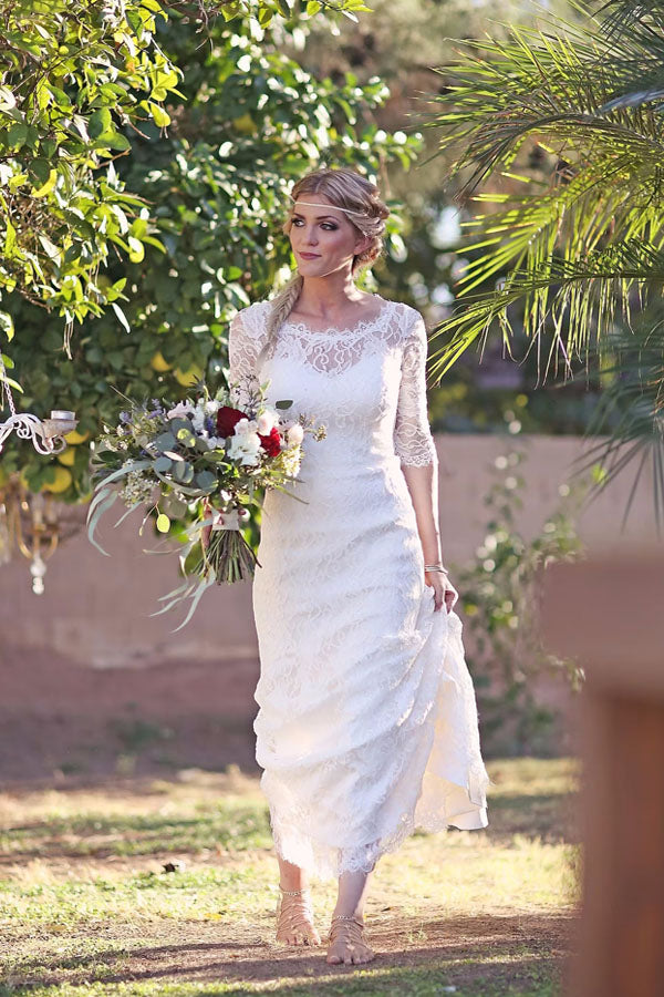 See Through Lace Half Sleeve Beach Wedding Dress,Lace Wedding Gown,WW299