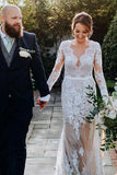 See Through Long Sleeve Beach Wedding Dress,Lace Wedding Gown WW281