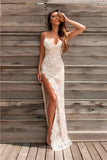 Sheath Spaghetti Straps Backless Lace Prom Dress Side Slit Evening Dress,WP104 winkbridal 