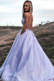 Shiny A-line Purple Tulle Backless Long Prom Dresses With Pocket,WP400