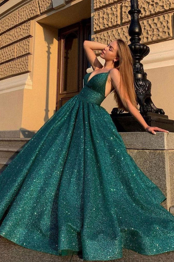 Shiny V Neck Ball Gown Prom Dress Green Evening Dress WP442