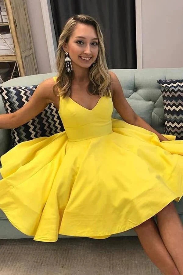 Simple Yellow Satin Short Homecoming Dress With Ruffles WD262 winkbridal