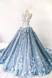 Ball Gown Sky Blue Tulle Prom Dress Floral Party Dress,WP038