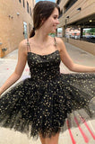 Spaghetti Straps Black Tulle A-line Short Homecoming Dress With Stars,WD163