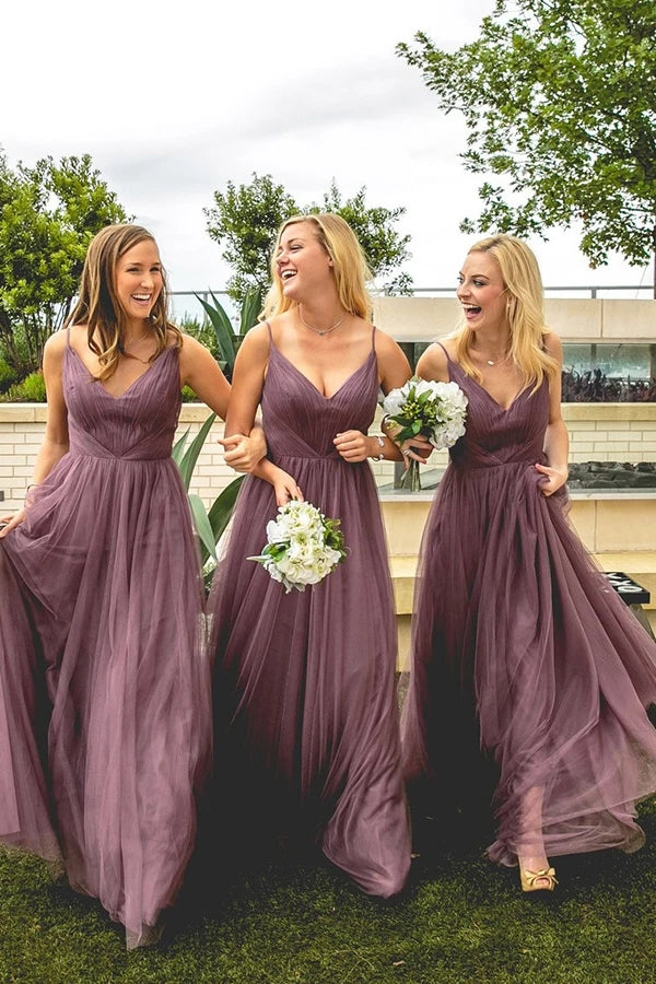 Spaghetti Straps Dusty Purple Tulle Bridesmaid Dress,WB005