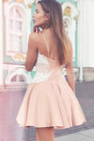 Spaghetti Straps Nude Satin Homecoming Dress With White Lace,WD097