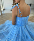 Sparkly A-line Tea Length Blue Tulle Prom Dress Graduation Dress,WP051