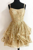 Sparkly A Line Short Homecoming Dress Gold Sequins Cocktail Dress,WD093