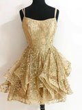 Sparkly A Line Short Homecoming Dress Gold Sequins Cocktail Dress,WD093