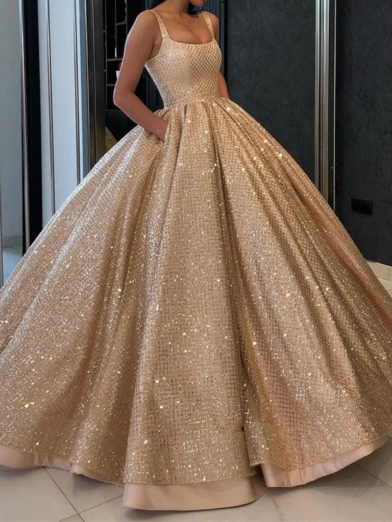 Sparkly Gold Sequins Ball Gown Prom Dress With Pocket WP443 winkbridal