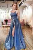 Sparkly Scoop Neck Spaghetti Straps Prom Dress Split Evening Dress,WP077