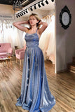 Sparkly Scoop Neck Spaghetti Straps Prom Dress Split Evening Dress,WP077