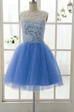 A-line Mint Green Tulle Lace Short Homecoming Dress Round Neck Party Dress,WD088