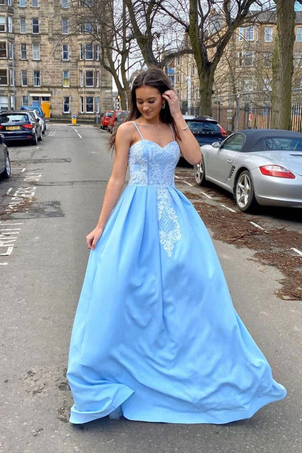 Sweetheart Sky Blue Satin Long Prom Dress With Lace Appliques WP430 winkbridal