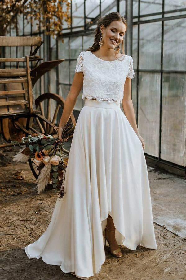 Two-piece Lace Top Ivory Chiffon Wedding Dress,Short Sleeves Bridal Gown WW285 winkbridal