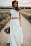 Two-piece Lace Top Ivory Chiffon Wedding Dress,Short Sleeves Bridal Gown WW285