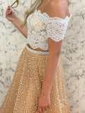 Two Piece Tulle Beaded Prom Dresses With Lace Top,WP363