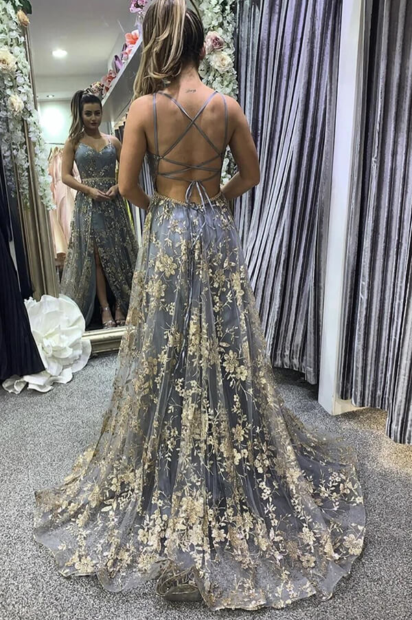 Unique A-line Tulle Grey Lace Long Prom dress With Slit,WP376