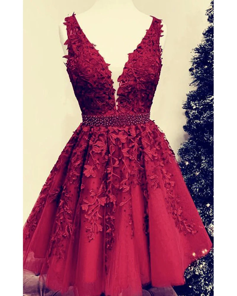 V Neck Lace Appliques Short Homecoming Dress,Beaded Cocktail Dress WD255