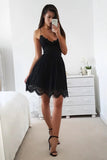 V Neck Spaghetti Straps Black Lace Homecoming Dress Short Party Dress WD246
