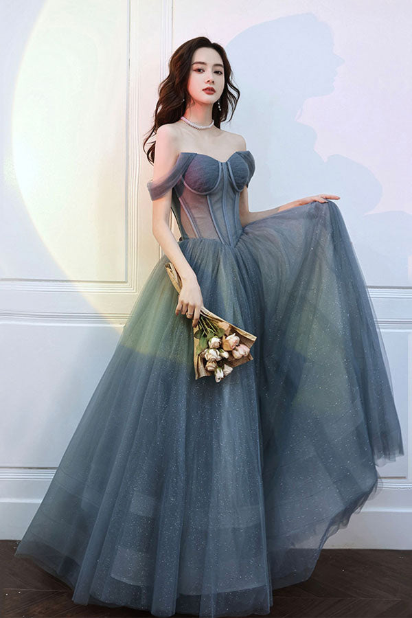 Gray Tulle Off The Shoulder Lace Up Long Prom Dress Long Evening Dress,WP390