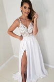 A Line White Satin Lace Top Wedding Dress With Slit WW305