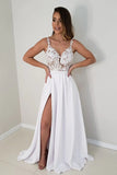 A Line White Satin Lace Top Wedding Dress With Slit WW305